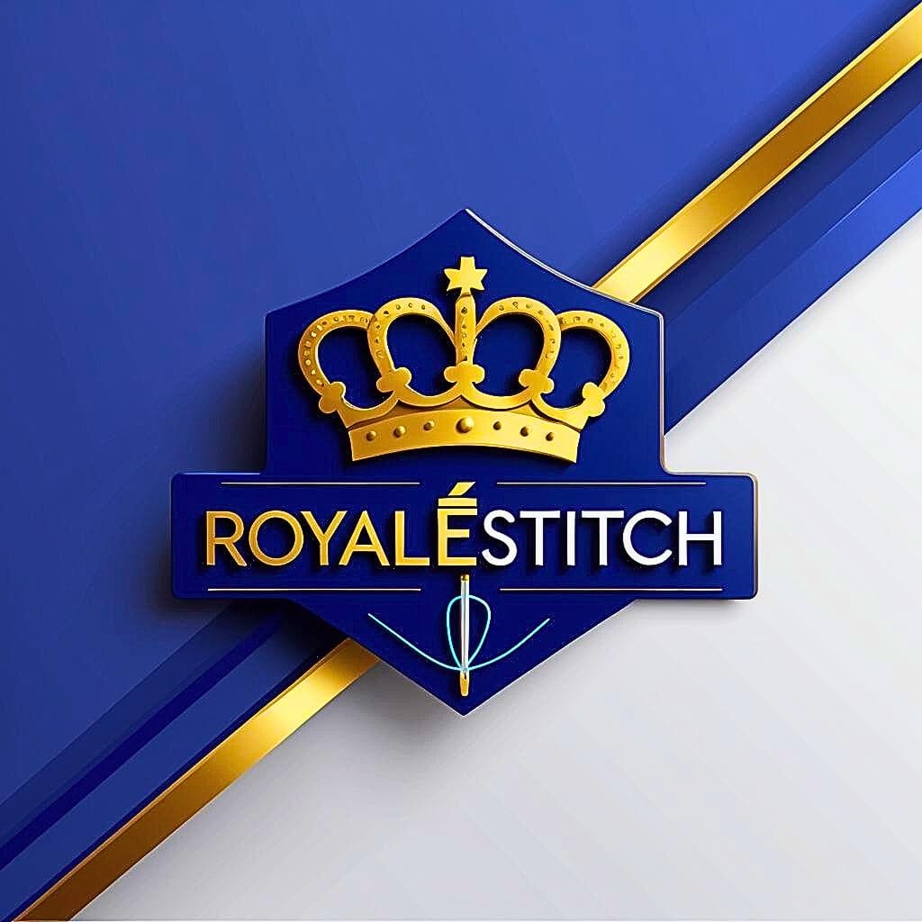 1. Royale Stitch logo displayed on a blue and gold background, showcasing a modern and stylish design.    2. Logo of Royale Stitch set against a blue and gold backdrop, highlighting its contemporary branding.    3. Royale Stitch emblem on a blue and gold background, representing a sleek and fashionable identity.  